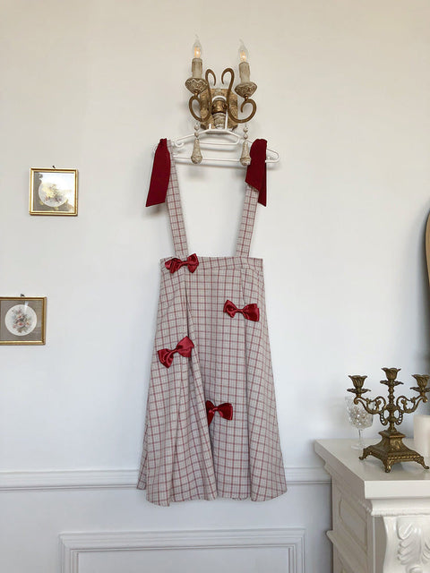 Bow-tie Decorated Plaid Suspender Skirt