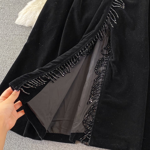 Puffy Sleeve Pleated Black Velvet Dress