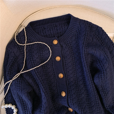 Navy Blue Single-breasted Tweed Cardigan