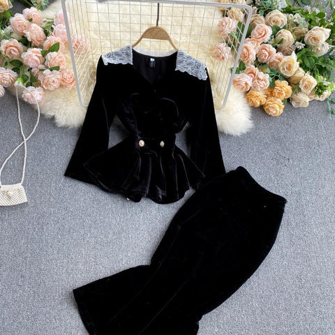 V-neck Suit&Skirt Black Velvet 2Pcs