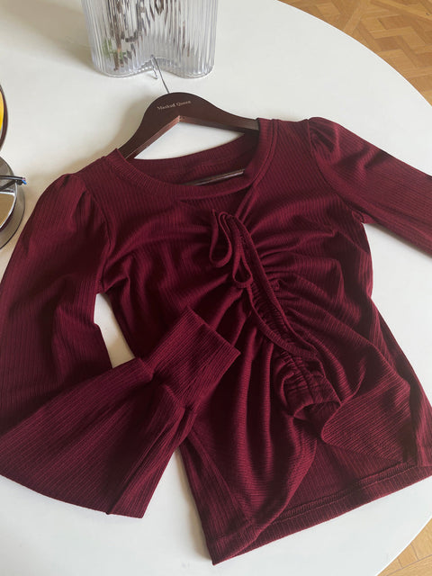 Wine Red Slim-fitting Drawstring Knitwear