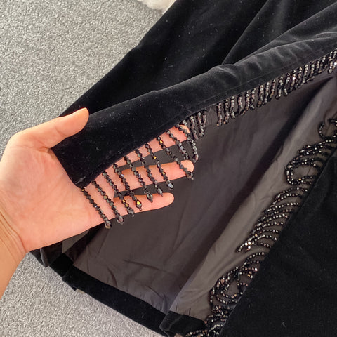 Puffy Sleeve Pleated Black Velvet Dress