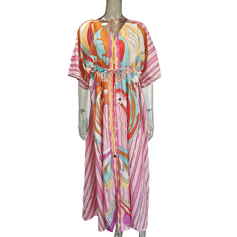 V-neck Printed Lace-up Beach Dress