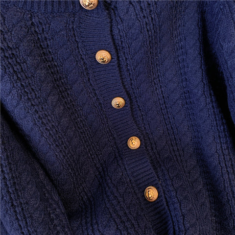 Navy Blue Single-breasted Tweed Cardigan