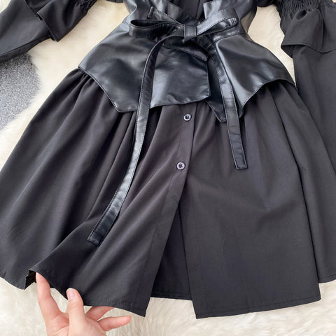 PU Girdle Ruffled Black Shirt Dress