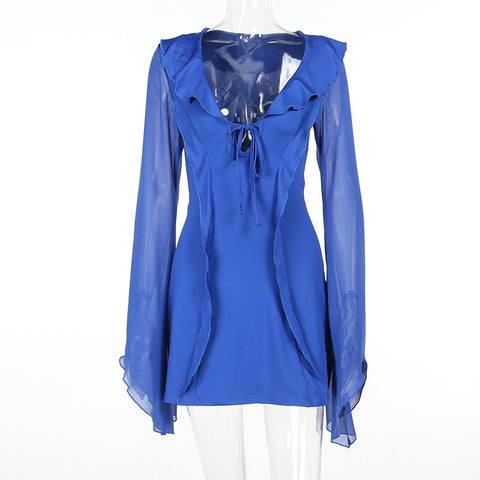 Lace-up Ruffled Long Sleeve Dress