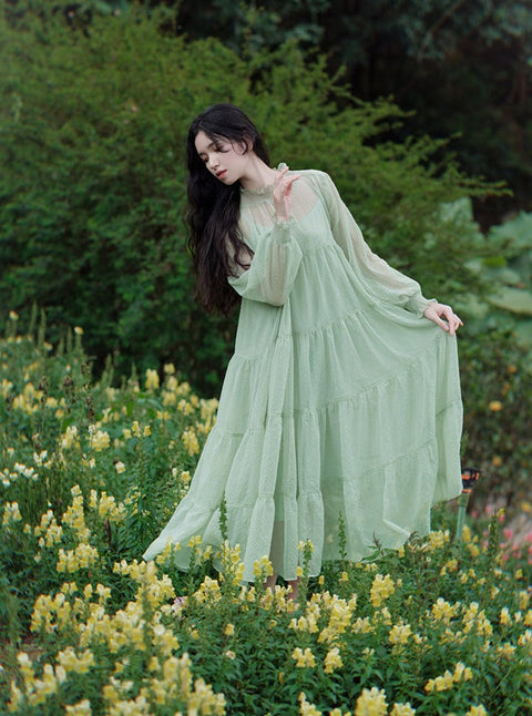 Mori Light Green Flowy Mesh Dress