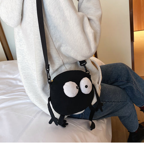 Black Furry Doll Canvas Crossbody Bag