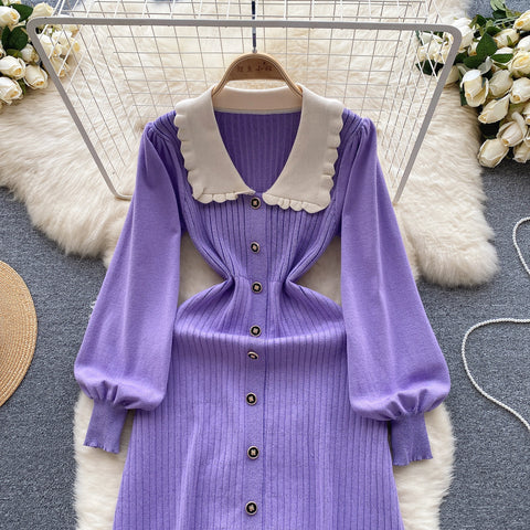 Doll Collar Single-breasted Knitted Dress