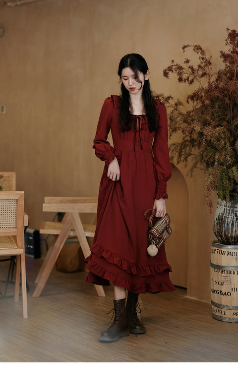 Solid Color Ruffled Lace-up Red Dress