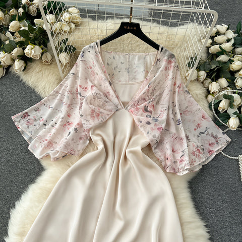 Fairy Pink Floral Faux Two-pieces Dress