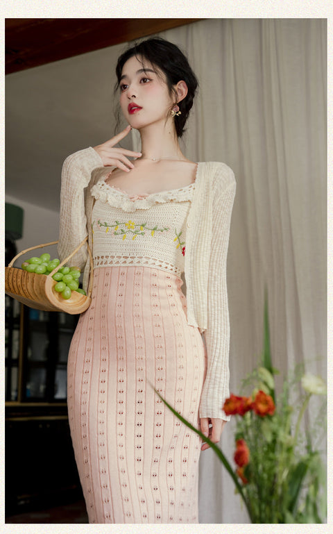 Floral Slip Dress&Cardigan Vintage 2Pcs