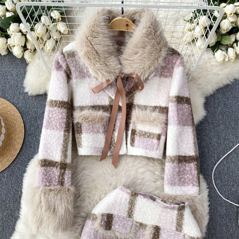 Furry Collar Coat&Skirt Woolen 2Pcs