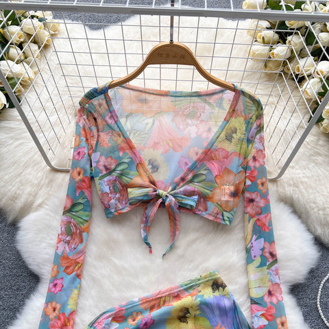 V-neck Top&Drawstring Skirt Floral 2Pcs
