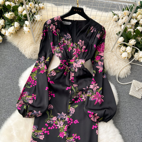 Elegant Floral Printed Black Dress