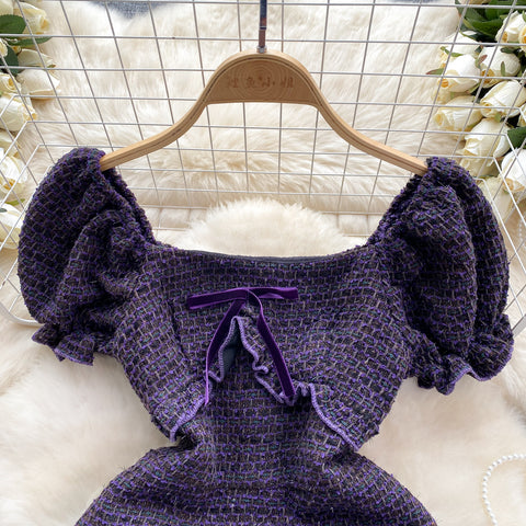 Delicate Puffy Sleeve Purple Ruffled Dress