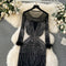 Beaded Patchwork Black Mesh Dress