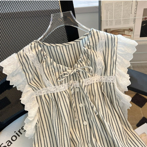 Lace-up Ruffle Sleeve Striped Blouse