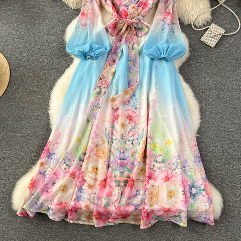 Courtly V-neck Floral Chiffon Dress