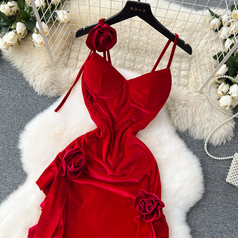 Vintage Red Velvet Ruffled Slip Dress