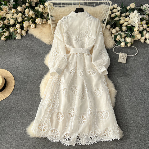 Courtly Hollowed Embroidery Shirt Dress