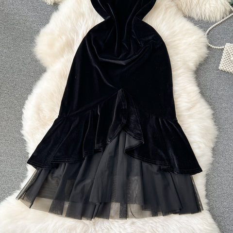 Suede Mesh Patchwork Fishtail Slip Dress