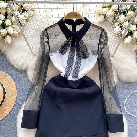 Lace Patchwork Bow-tie Black Dress
