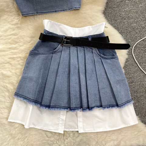 Patchwork Top&Pleated Skirt Denim 2Pcs