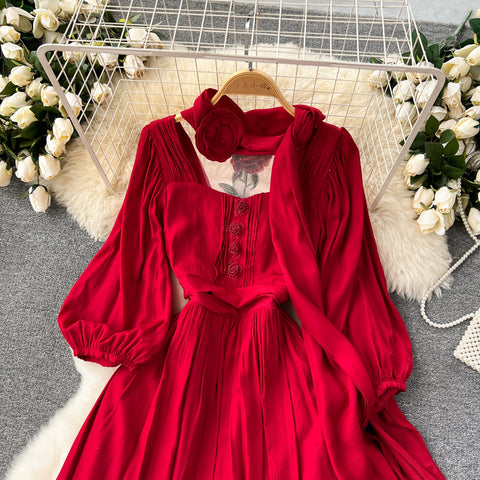Vintage Rose Embroidered Red Dress