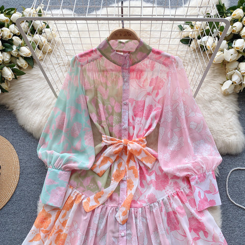 Courtly Lace-up Floral Printed Shirt Dress