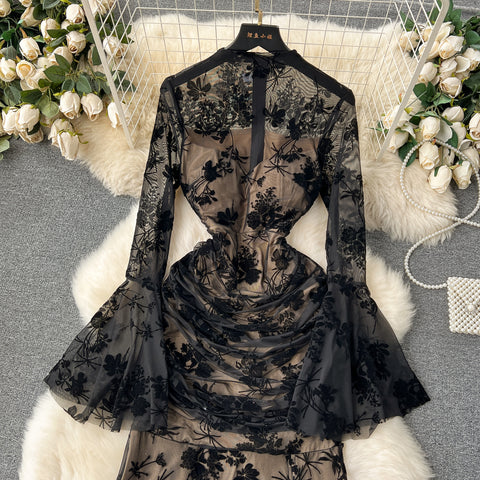 See-through Embroidered Black Mesh Dress