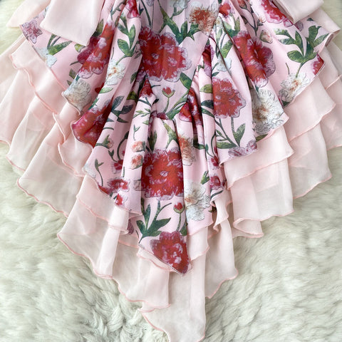 Strapless Ruffle Layered Floral Dress