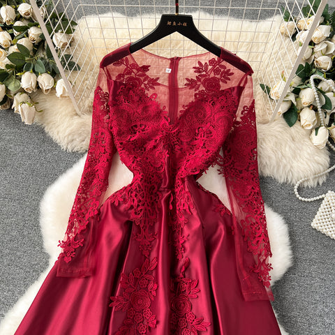 Wine Red Delicate Embroidered Dress
