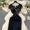 Elegant Sequined Embroidered Lace Black Dress