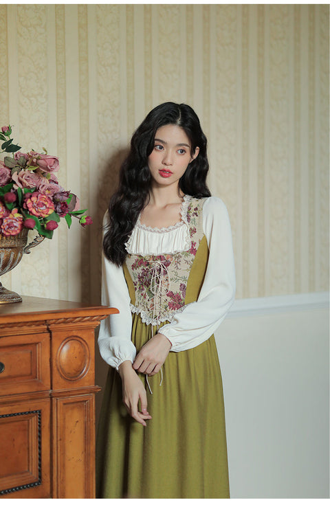 Retro Floral Painting Lace-up Dress