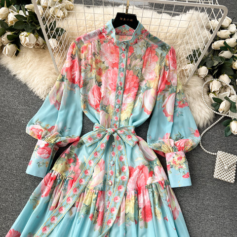 Courtly Lace-up Floral Shirt Dress