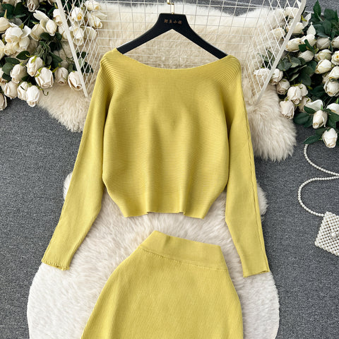 Solid Color Sweater&Skirt Knitted 2Pcs