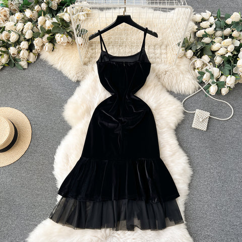 Suede Mesh Patchwork Fishtail Slip Dress