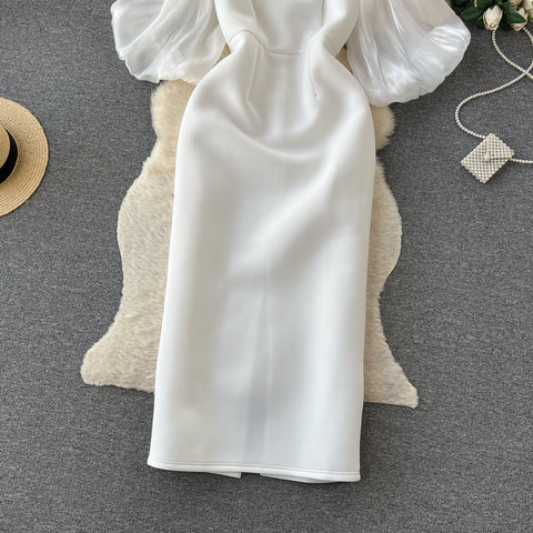 Puffy Sleeve Patchwork White Dress