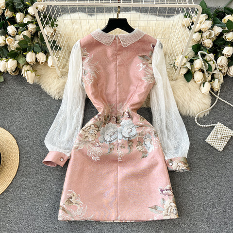Courtly Lapeled Lace Floral Dress