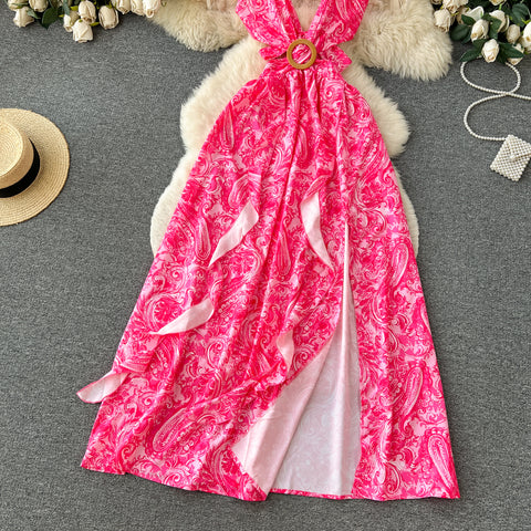 V-neck Backless Ruffled Floral Dress