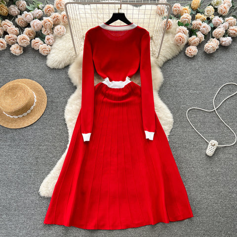 Color Blocking Red Knitted Dress