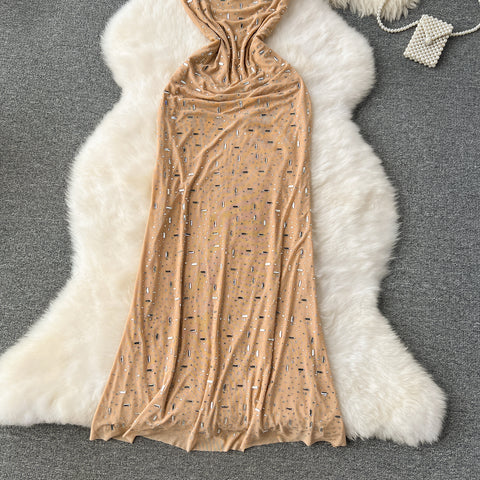 Draped Neckline Rhinestone Studded Slip Dress
