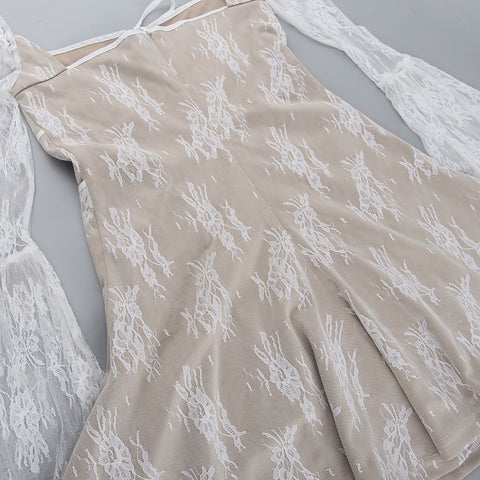 Lace-up Jacquard White Mesh Dress