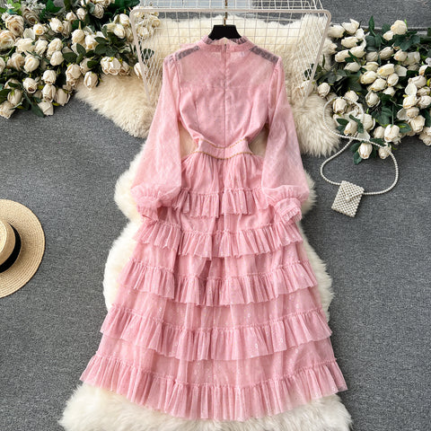 Courtly Lace-up Pleated Layered Mesh Dress