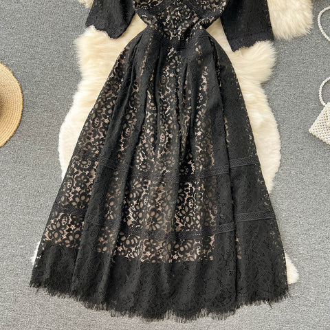 V-neck Black Lace Hollowed Dress