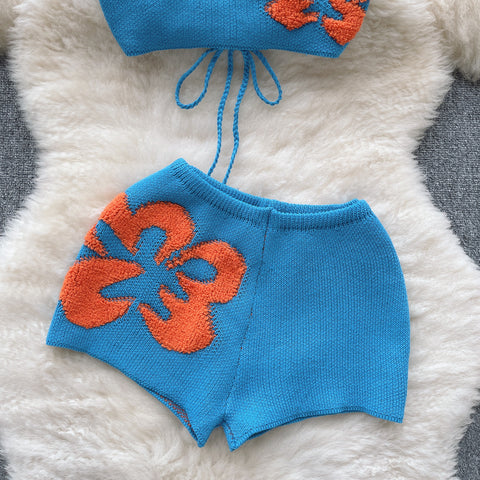Lace-up Top&Shorts Knitted 2Pcs