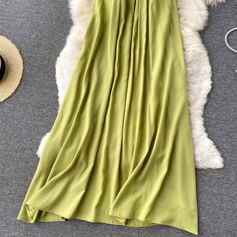 Green Round Collar Loose-fitting Halter Dress