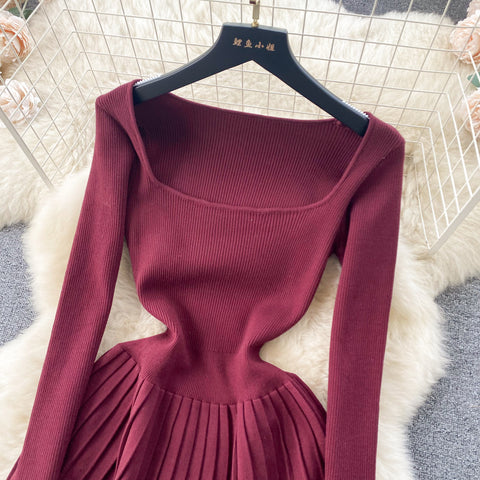 French Style Square Collar Knitted Dress