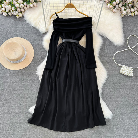 Elegant Slant Collar Pleated Black Dress